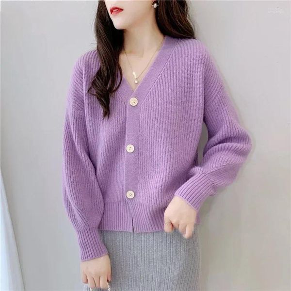 Malhas femininas 2024 com decote em v de malha de cor sólida camisola solta exterior usar estilo ocioso casaco cardigan ocidental