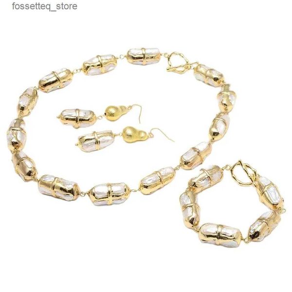 Charme Pulseiras GG Jóias Natural Branco Biwa Pérola Galvanizada Borda Banhado A Ouro Escovado Bead Wr Colar Brincos Conjuntos Para Mulheres L240319