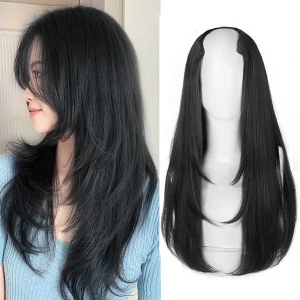 Synthetische Perücken BUQI 22 Zoll lange synthetische lange glatte Haare 4 Clip-in-Haar-U-Typ-Perücke schwarze natürliche Perücke für Frauen 240329