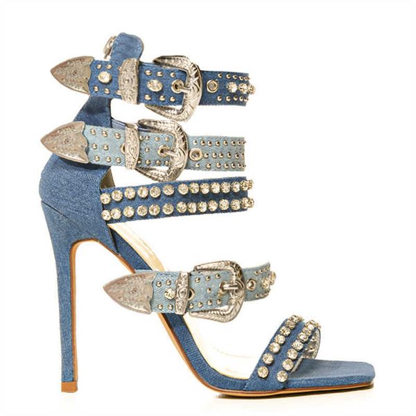 Rivetti non brand cintura con fibbia HBP sandali designer denim in denim punta aperta sandalo sandalo con cerniera zips ladies scarpe alte tacchi