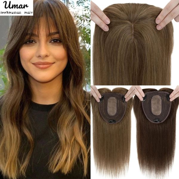 Toppers de cabelo com franja feminino 100% perucas de cabelo humano clipe em peças de cabelo loira natural cabelo reto topper base de seda 35cm