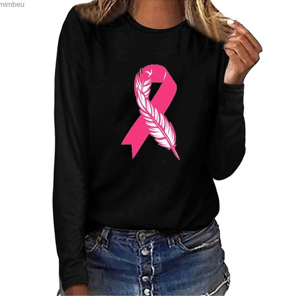 Frauen T-Shirt Neues Brustkrebs Areness Langarm T-Shirt Mode rosa Federband Druck runde Hals-T-Shirts Freizeitkleidung im Oktoberc24319