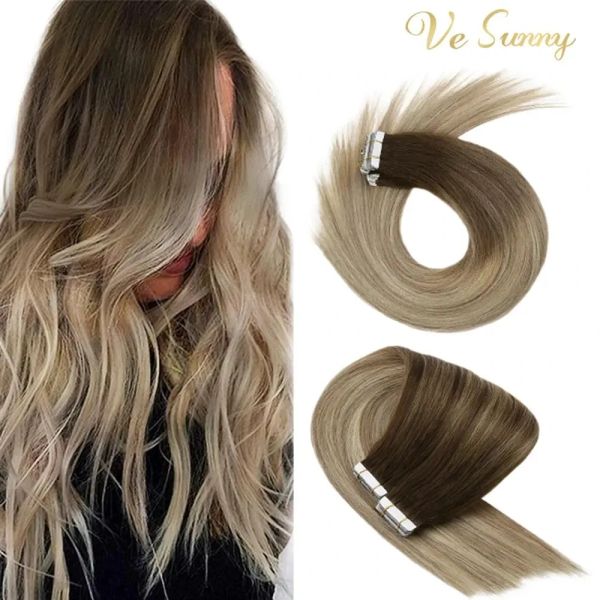 Extensões de fita vesunny em extensões de cabelo cabelo humano real loira pele trama sem costura máquina remy marrom cola no cabelo 50g sedoso gloden