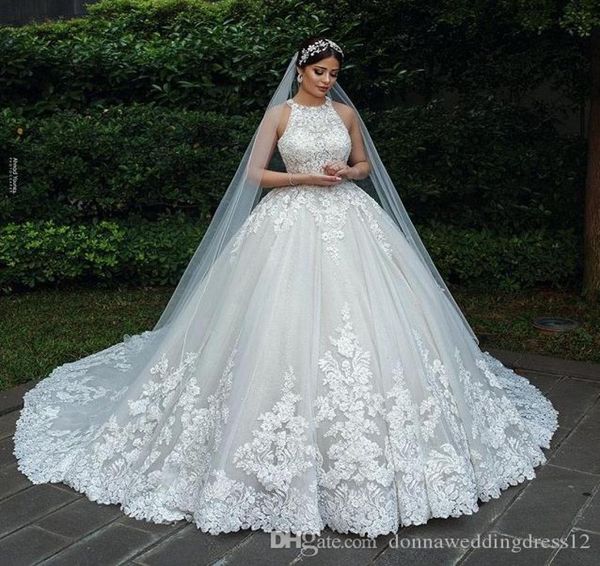 2020 ärmellose Knöpfe Tüll Braut Brautkleider Plus Size Ballkleid Robe De Mariee Luxus Spitze muslimische Braut Brautkleider2626247