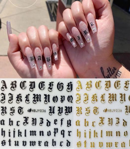 Pode misturar design nail art 3d decalque adesivos letras do alfabeto branco preto ouro acrílico unhas tool7038060