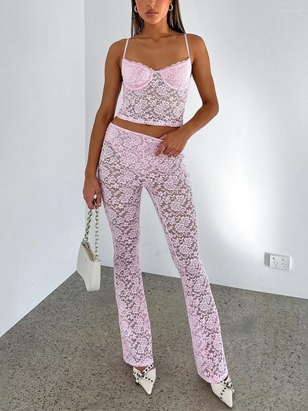 Kadınların İki Parçası Pantolon Sear Floral Dantel 2 Kıyafetleri Seksi Bodycon Sleeless Camisole Crop Tox ve Pijama Salonu Seti