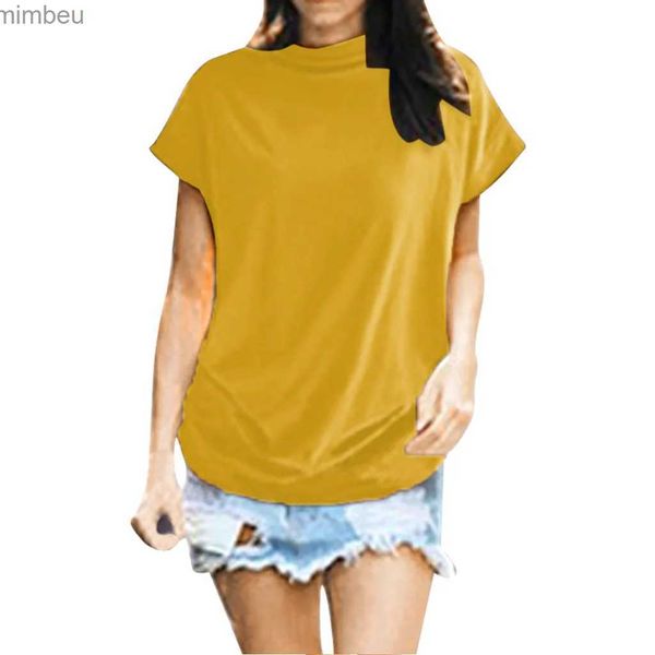 Camiseta feminina feminina plus size, ajuste solto, gola alta, manga curta, algodão, cor sólida, casual, versátil, blusa feminina, ropa de mujerC24319