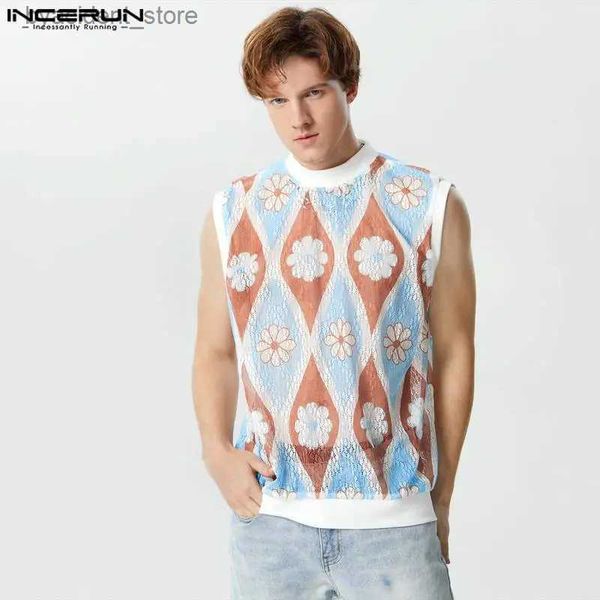 Regatas masculinas Tops 2023 Estilo Americano Novo Mens Lace Hollowe Patchwork Design Coletes Casual Streetwear Solto Sem Mangas Colete S-3XL L240319