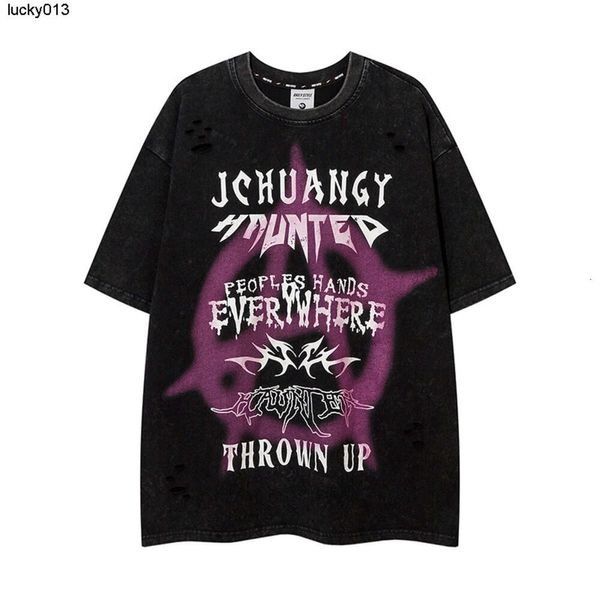 Jiayiku Mens Wear American Street Trendy Brand T-Shirt Broken Hole Water Wash Inkjet Printing Kleines Kurzarm-T-Shirt