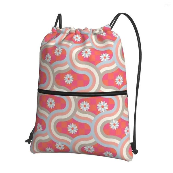 Mochila retro ondulada listras geométricas e flores mochilas portáteis saco de cordão pacote bolso armazenamento para viagens esporte