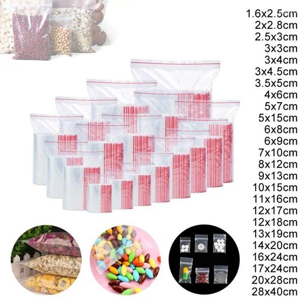 Envoltório de presente 100 pcs auto selo claro saco resselável plástico borda vermelha zip poli para cartões pos jóias documentos padaria biscoitos doces