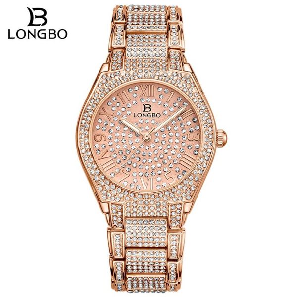 Longbo luxo strass pulseira relógio feminino diamante moda senhoras rosa ouro vestido relógio de aço inoxidável cristal pulso watch288t