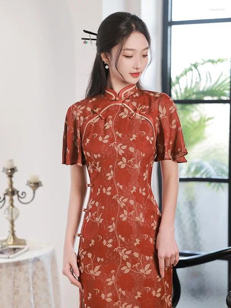 Ethnische Kleidung FZSLCYIYI Sexy Flying Sleeve Bedruckter Satin Frauen Cheongsam Traditionelles Qipao mit acht Knöpfen Tägliches Abendkleid