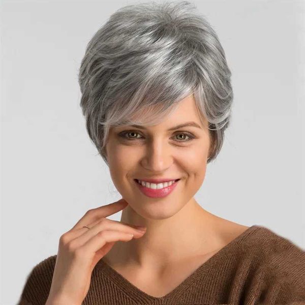 Parrucche sintetiche Nuova parrucca femminile nonna grigia moda capelli corti ricci copricapo sintetico in seta ad alta temperatura 240328 240327