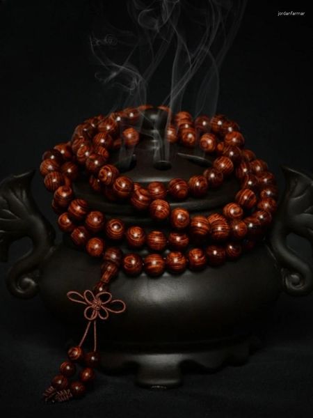 Gliederarmbänder, natürliches Material, Massivholz, runde Perlen, gelbe Birne, 8 mm, 108 Retro-Halskette mit mehreren Ringen im ethnischen Stil für Männer und Frauen