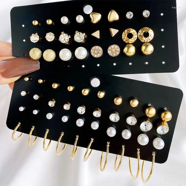 Stud Küpe Modaya uygun Geometrik Yıldız Kalp Rhinestone Kadınlar için Basit Altın Renk Piercing İnci Kristal Set Takı