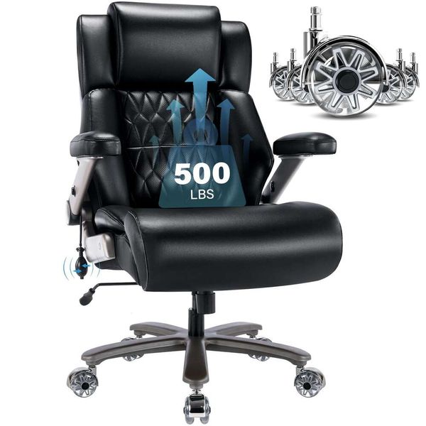 Großer und hoher 500 -Pfund -Bürostuhl - Verstellbare Lumbalhilfe 3D Flip Arms Heavy Duty Metal Basewheels, hoher großer Executive Computer Desk Chair, dick