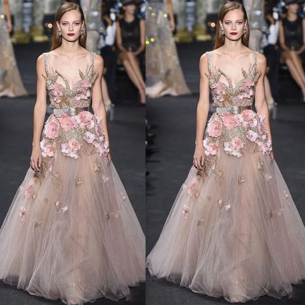 Зимние роскошные платья выпускного вечера Elie Saab с 3D цветочной аппликацией ручной работы, вечерние платья из тюля, праздничная одежда, модные платья для подиума