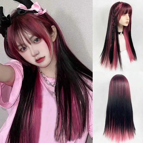 Perucas sintéticas MSIWIGS Rosa Destaques Longa Reta Lolita Peruca Sintética Dupla Cor Cabelo Menina Cosplay Uso Diário Com Franja 240329