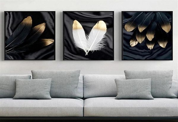 3 панели холст картины настенные постеры и принты черно-белое золото перо HD настенные художественные фотографии для гостиной, столовой, ресторана H2078568