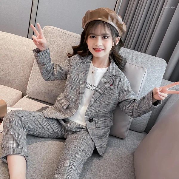 Kleidungssets 2024 Teenager Kinder Baby Mädchen Kleidung Winter Herbst Plaid Formal Karierte Jacke Hose Schule Kinder 4 5 6 7 8 9 10 11 12 Jahr