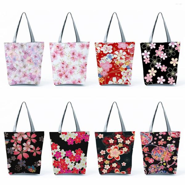 Totes viagem moda bolsa de ombro reutilizável prático impressão bonito estilo japonês flor de cerejeira bolsa compras grande capacidade