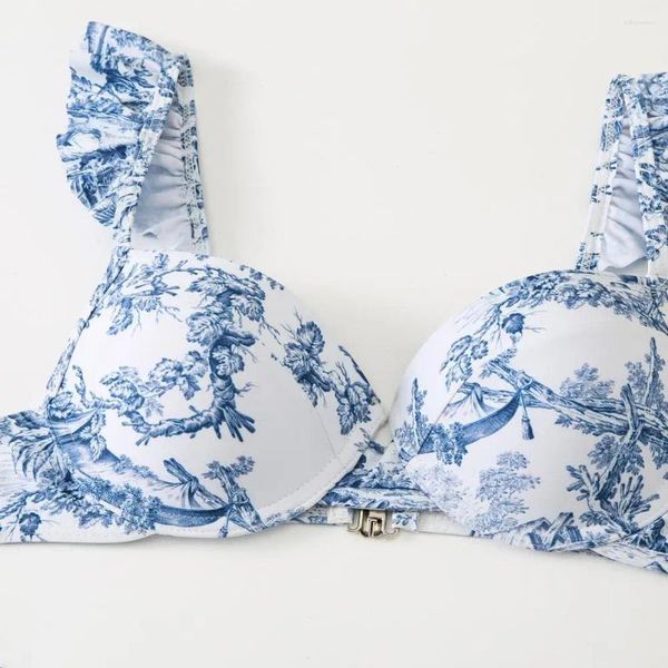 Kadın Mayo Fırfır Bikini Set Resort Stil Bohemia Sleeve Bandeau Sütyen Yüksek Bel Yüzme Çiçek Baskı