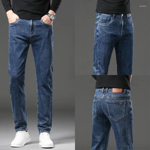 Calças de brim masculinas 2024 homens cintura alta estiramento perna reta masculino streetwear clássico denim calças fino ajuste casual negócios azul cinza