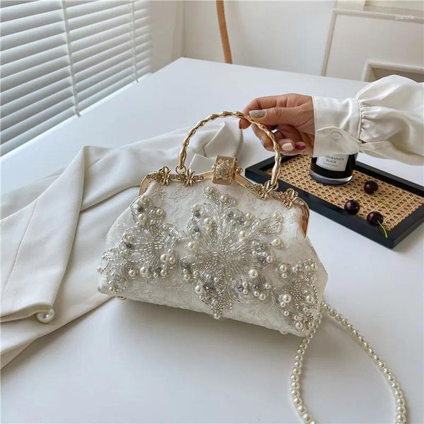 Totes festa de casamento embreagens femininas moda pérola frisado bordado flor saco noite com alça metal bolsa corrente ombro