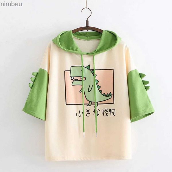 T-shirt da donna 2021 T-shirt da donna Felpe con cappuccio estivo Pullover Top Dinosaur Cartoon Harajuku Graphic Tees Ragazze Adolescenti Cute Kaii Camiseta con cappuccioC24319