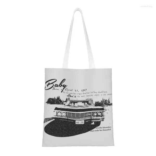 Einkaufstaschen Recycling Retro Supernatural Hunters Tasche Damen Canvas Schultertasche Waschbar Carry On My Wayward Son Shopper