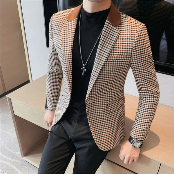 Alta qualidade terno masculino estilo britânico fino elegante moda negócios casual vestido smoking emendado colarinho tarambola caso blazer jaqueta 240315