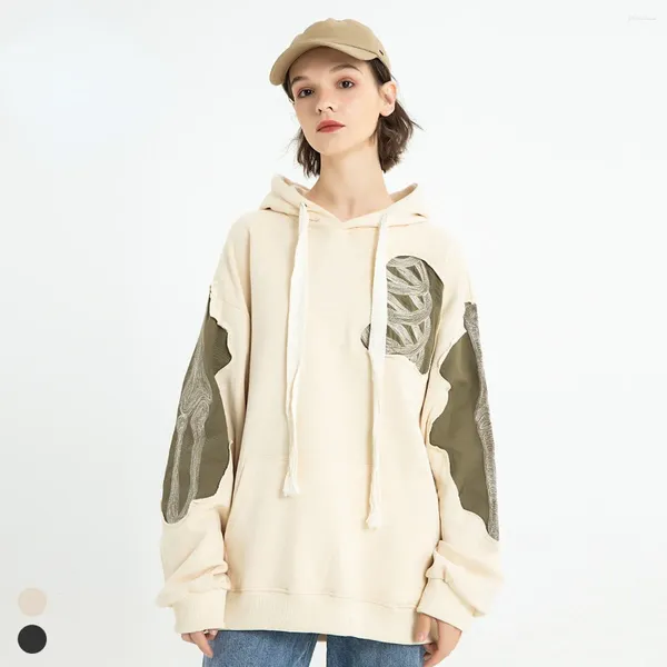 Felpe con cappuccio da uomo Abbigliamento sportivo casual da donna Felpa con cappuccio retrò americana Streetwear Felpa da donna con design a foro grigio cuciture a contrasto