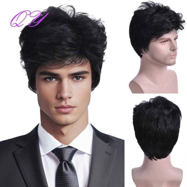 Perucas sintéticas perucas de renda sintética homens perucas retas preto curto moda homem perucas tamanho ajustável fibra de alta temperatura respirável peruca de cabelo masculino 240328 240327