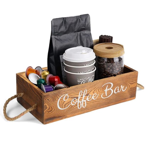 Café bar organizador estação de café de madeira com 3 divisórias removíveis caixa de armazenamento para cápsulas de café copo de papel palhas café barra decoração 240307