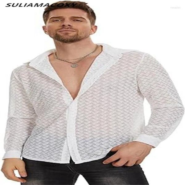 Camisas casuais masculinas renda transparente camisa sexy malha oca de manga comprida roupa masculina