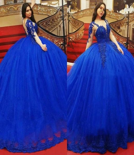 2023 Impressionante Quinceanera Vestidos Royal Blue Sheer Manga Longa Jewel Floral Applique Beading Ball Vestidos Princesa Prom Doce 16 Dre3172659