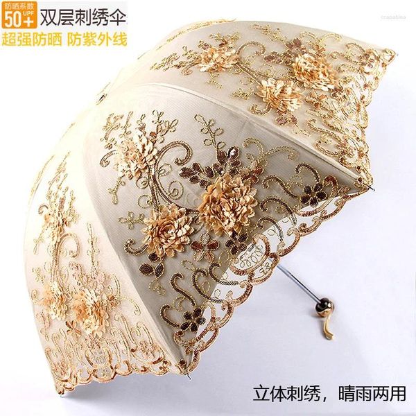 Guarda-chuvas Sun Umbrella Anti UV Feminino Rain Dual Use Folding Bordado Lace Princess