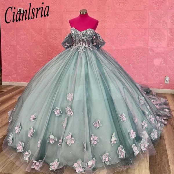 Doce 16 hortelã verde princesa quinceanera vestido apliques 3d floral cristal miçangas vestido de baile vestidos de 15 anos espartilho