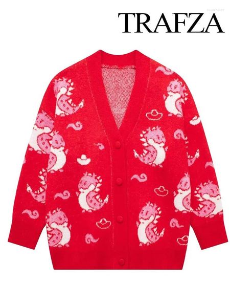 Maglieria da donna TRAFZA Donna Moda Rosso Cartoon Maglione Cardigan Primavera Donna Chic Maglieria con scollo a V Manica lunga Cardigan in maglia Cappotto