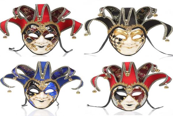 Máscaras de festa rosto cheio homens mulheres veneziano teatro jester joker masquerade máscara com sinos mardi gras festa bola halloween cosplay m1727549