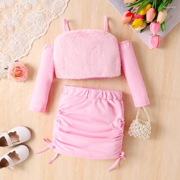 Kleidung Sets Frühling Mädchen Anzug Kalte Schulter Langarm Crop Tops Kordelzug Rock 2Pcs Mädchen Outfits Mode Kinder Kinder