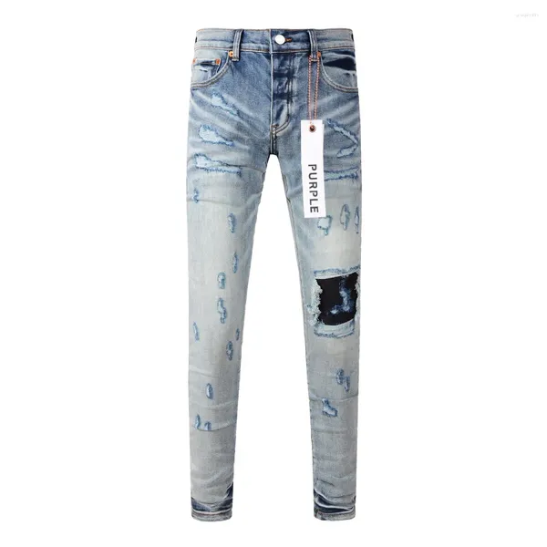 Calças femininas Roxo Marca Denim Jeans 1:1 High Street Blue Hole Patch Reparação de cor baixa baixa levantada apertada