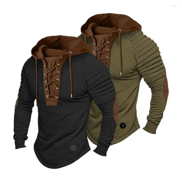 Hoodies masculinos retro hoodie vintage cordão de renda com ombros plissados macio elástico respirável diário topo