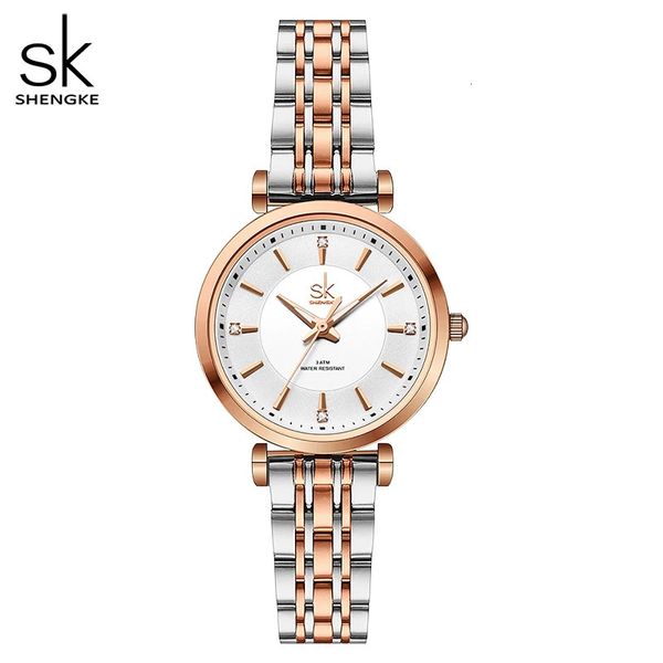 Relogio feminino shengke sk moda feminina relógios rosa dourado aço inoxidável mulher quartzo relógios de pulso senhoras relógio colorido 240318