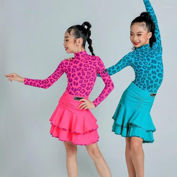 Sahne Wear 2024 Kids Kızlar İçin Profesyonel Dans Kıyafetleri Leopard Latin Top Çift Katmanlı Etek Performans Giysileri SL9784