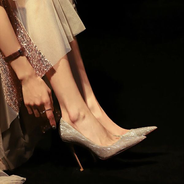 Насосы женские туфли 2023 роскошные золотые серебряные женщины насосы туфли женская высокие каблуки сексуальные вечеринки Свадебные туфли туфли на каблуках