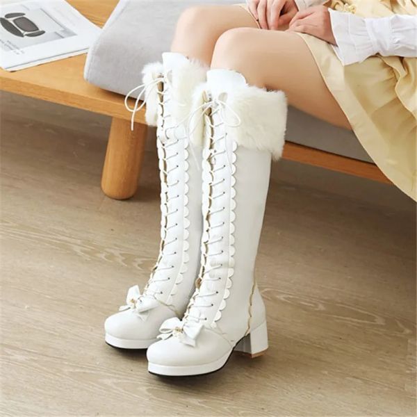 Botas pxelena quente plus size 3443 women wedding wedding rosa phel fogutie babados princes uniforme lolita cosplay jk joelho botas altas