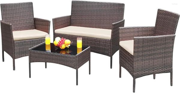 Camp-Möbel, Terrasse, 4-teilig, Gesprächs-Sets, für den Außenbereich, Korbgeflecht-Rattan-Stühle, Garten, Hinterhof, Balkon, Veranda, Pool-Sofa