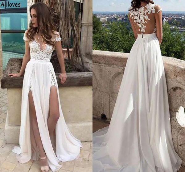 Boho Summer Beach Abiti da sposa A Line Collo trasparente Appliqued in pizzo Abiti da sposa in chiffon fluido Sexy Spacco alto Semplice Sposa Secondo abito da festa di ricevimento YD